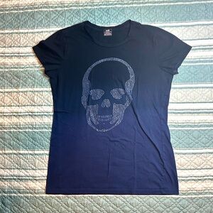 E.vil Queen of Evil Sequined Skull Cut Sleeve Tee Black/Blue Medium